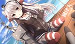  :o amatsukaze_(kantai_collection) brown_eyes character_name choker cloud day dress dutch_angle kaguyuu kantai_collection long_hair looking_at_viewer open_mouth rensouhou-kun sailor_dress see-through short_dress silver_hair solo striped striped_legwear thighhighs two_side_up 