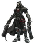  bandolier boots gun highres hood mask no_humans official_art overwatch reaper_(overwatch) shotgun trench_coat weapon 