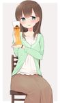  alcohol bad_id bad_pixiv_id beer blush brown_hair glass green_eyes long_hair nekoume open_mouth original skirt smile solo sweater 