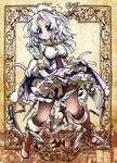  adapted_costume black_legwear blue_eyes boots braid corset curtsey dagger elbow_gloves fifiruu frame gloves izayoi_sakuya knee_boots knife maid maid_headdress pantyhose puffy_short_sleeves puffy_sleeves shirt short_sleeves silver_hair skirt smile solo touhou twin_braids weapon white_gloves 