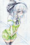  absurdres black_hairband black_legwear colored_pencil_(medium) green_eyes hair_ribbon hairband highres konpaku_youmu nichibotsu_(kitaziman) pee peeing peeing_self ribbon shirt short_hair short_sleeves silver_hair skirt solo tears thighhighs touhou traditional_media vest 