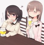 ^_^ alcohol aran_sweater bad_id bad_pixiv_id beer black_hair blush brown_hair character_request closed_eyes glass long_hair multiple_girls nekoume open_mouth original purple_eyes short_hair smile squiggle sweater table tears twintails wavy_mouth 
