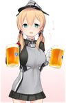  alcohol anchor_hair_ornament bad_id bad_pixiv_id beer beer_mug blonde_hair blush breasts cup gloves hair_ornament hat holding holding_cup kantai_collection large_breasts long_hair long_sleeves looking_at_viewer microskirt military military_uniform nekoume open_mouth peaked_cap prinz_eugen_(kantai_collection) skirt solo translated twintails uniform white_gloves 