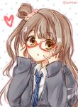  adjusting_eyewear blush brown_eyes brown_hair glasses hair_ornament hair_scrunchie heart kudukimii long_hair looking_at_viewer love_live! love_live!_school_idol_project minami_kotori necktie one_side_up open_mouth polka_dot polka_dot_background red-framed_eyewear scrunchie sleeves_past_wrists solo twitter_username 