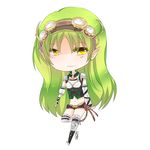 borrowed_character breasts chibi cleavage detached_sleeves full_body goggles goggles_on_head green_hair long_hair midriff navel original pointy_ears rynn_(acerailgun) short_shorts shorts shoulder_pads shouu-kun signature small_breasts solo thighhighs transparent_background yellow_eyes 