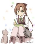  akigumo_(kantai_collection) bangs boots bow cat eighth_note green_eyes grey_legwear hair_bow kantai_collection long_ponytail long_sleeves lowres machinery mashayuki musical_note pantyhose sitting sketchbook sketching smile swept_bangs twitter_username 