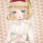  alice_margatroid alternate_costume blonde_hair blue_eyes dress hairband hands_clasped own_hands_together short_hair solo touhou yujup 