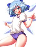 alternate_costume blue_eyes blue_hair blush buruma cirno commentary_request gym_uniform highres ice ice_wings open_mouth puffy_short_sleeves puffy_sleeves shirt short_sleeves solo touhou wings zan_(harukahime) 