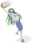  adapted_costume alternate_costume arm_up basketball basketball_uniform blush catching commentary_request full_body green_eyes green_hair kochiya_sanae kugi_(kugi-xiv) long_hair reaching shoes simple_background sneakers solo sportswear standing standing_on_one_leg sweat touhou white_background 