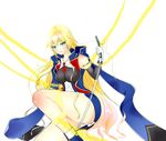  absurdres blazblue blonde_hair blush chain cuffs elbow_gloves genderswap gloves green_eyes highres jin_kisaragi jin_kisaragi_(cosplay) long_hair military military_uniform necktie noel_vermillion sword tsubame_(setasetaseta) uniform weapon 