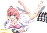  barefoot blue_eyes bra character_doll frilled_bra frills full_body highres hikigaya_hachiman inanaki_shiki looking_at_viewer lying no_pants on_stomach open_clothes open_shirt panties pink_bra pink_hair pink_panties shirt short_hair simple_background skirt skirt_removed solo underwear white_shirt yahari_ore_no_seishun_lovecome_wa_machigatteiru. yuigahama_yui 