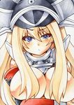  bismarck_(kantai_collection) blonde_hair blue_eyes blush breasts cleavage hair_censor hair_over_breasts hat kantai_collection large_breasts long_hair looking_at_viewer marker_(medium) millipen_(medium) simple_background slit_pupils solo tears traditional_media uneven_eyes white_background yutakasan-love 