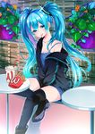  absurdres blue_hair brand_name_imitation drink drinking_straw eating flower food food_in_mouth french_fries green_eyes hatsune_miku highres hood hoodie long_hair looking_at_viewer mouth_hold off_shoulder sitting solo thighhighs twintails very_long_hair vocaloid 