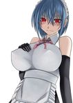  1girl aebafuti bare_shoulders blue_hair blush breasts elbow_gloves gloves highres huge_breasts looking_at_viewer maid maid_headdress red_eyes short_hair simple_background smile solo standing 