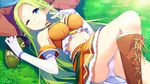  1girl ass bare_shoulders blue_eyes blush boots braid breasts cccpo elbow_gloves elf game_cg gloves grass green_hair highres large_breasts legs long_hair lying navel panties pointy_ears sekai_wo_sukuu_dake_no_kantan_na_oshigoto sitting skirt smile thighs underwear wink 