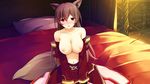  1girl animal_ears areolae bare_shoulders bed blush breasts brown_hair cccpo fox_ears game_cg highres large_breasts long_hair looking_at_viewer navel nipples no_bra pillow red_eyes sekai_wo_sukuu_dake_no_kantan_na_oshigoto sitting solo tail 