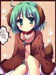  :c animal_ears bad_id bad_pixiv_id blush bone brown_dress collar commentary dress frame green_eyes heart jewelry kasodani_kyouko long_sleeves looking_at_viewer paw_print pendant solo spoken_squiggle squiggle striped striped_background tail touhou uguisu_mochi_(ykss35) 