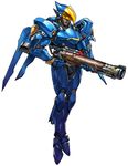  arnold_tsang dark_skin gun highres jetpack official_art overwatch pharah_(overwatch) rocket_launcher simple_background solo tattoo visor weapon 