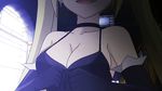 1girl animated animated_gif blonde_hair blush breasts cleavage gloves large_breasts lieselotte_sherlock long_hair purple_eyes shirt_lift solo teasing trinity_seven twintails underboob 