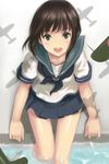  a6m_zero brown_hair fubuki_(kantai_collection) grey_eyes kantai_collection necktie open_mouth sano_toshihide school_uniform serafuku shirt short_sleeves sitting skirt smile soaking_feet solo 