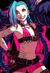  1girl bare_shoulders belt blue_hair braid bullet bullets cannon fingerless_gloves gloves grin hairline jewelry jinx_(league_of_legends) league_of_legends long_hair looking_at_viewer necklace over_shoulder pink_eyes shorts smile solo tattoo twin_braids very_long_hair weapon weapon_over_shoulder 
