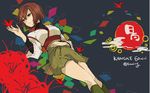  brown_hair character_name grey_background hand_on_own_stomach highres hyuuga_(kantai_collection) japanese_clothes kantai_collection lying musasabing origami paper_crane red_eyes ribbon-trimmed_sleeves ribbon_trim short_hair twitter_username 