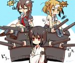  :&lt; bandages bare_shoulders black_hair black_serafuku braid cannon closed_eyes closed_mouth crossed_arms detached_sleeves double_bun hair_flaps hair_ornament hair_ribbon japanese_clothes kantai_collection kneehighs light_brown_eyes light_brown_hair long_hair machinery michishio_(kantai_collection) momoiro multiple_girls nontraditional_miko open_mouth pleated_skirt red_eyes remodel_(kantai_collection) ribbon school_uniform serafuku shigure_(kantai_collection) shoes short_hair single_braid skirt smoke sparkle tears torn_clothes torn_legwear translated v-shaped_eyebrows yamashiro_(kantai_collection) 