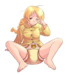  1girl adult_baby artist_request blonde_hair blush diaper feet pajamas sitting solo 