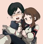  1girl bad_id bad_pixiv_id blush bodysuit boku_no_hero_academia brown_eyes brown_hair carrying iida_tenya princess_carry shina_000 short_hair uraraka_ochako 