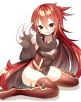  bottomless breasts claws gen_3_pokemon groudon highres kuro_guren long_hair looking_at_viewer medium_breasts open_mouth personification pokemon red_eyes red_hair scarf sitting smile solo thighhighs white_background 