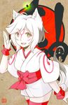  amaterasu animal_ears facial_tattoo highres issun japanese_clothes kimono lyn_(shunao) ookami_(game) personification red_legwear short_hair smile tail tattoo thighhighs waving white_hair wolf_ears wolf_tail wrist_cuffs yukata 