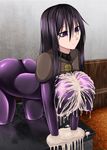  1girl aebafuti aftersex all_fours ass breasts collar cum cum_on_body cum_on_breasts cum_on_upper_body encasement erect_nipples hanging_breasts highres huge_breasts latex legs long_hair looking_away purple_eyes purple_hair serious solo thighs trapped 