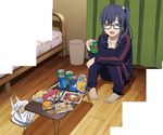  alcohol beer blue_hair closed_eyes curtains food glasses highres imai_midori ponytail screencap shirobako solo table track_suit wooden_floor 