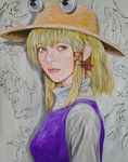  bad_id bad_pixiv_id blonde_hair frog grey_background hair_ribbon hat hide-san light_smile lips looking_at_viewer looking_to_the_side moriya_suwako nose realistic ribbon solo sumi-e touhou tress_ribbon turtleneck upper_body vest yellow_eyes 