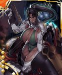  1girl abs angry armor artist_request bangs black_hair breasts cable card_(medium) cleavage clenched_teeth dark_skin electricity gun hand_up high_ponytail highleg highleg_leotard holding holding_weapon huge_breasts leotard lilith-soft looking_at_viewer machine_gun mirabell_bell muscle obui official_art orange_eyes parted_bangs pauldrons ponytail rifle sideboob sidelocks solo taimanin_asagi taimanin_asagi_battle_arena tan teeth thighs toned weapon 