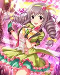  artist_request bow bowtie drill_hair fingerless_gloves flower gloves grey_hair hair_flower hair_ornament hairband idolmaster idolmaster_cinderella_girls microphone official_art pink_bow pink_neckwear purple_eyes ribbon sakakibara_satomi solo twintails 