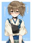  blue_background blush brown_eyes brown_hair japanese_clothes kaga_(kantai_collection) kantai_collection looking_at_viewer momoiro muneate side_ponytail solo sweatdrop translated twitter_username 