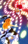  aerial_battle battle blonde_hair bloomers danmaku dress duel flandre_scarlet flying gameplay_mechanics hat kirisame_marisa loafers long_hair lyn_(shunao) multiple_girls night night_sky red_eyes shoes short_hair sky socks star_(sky) starry_sky touhou underwear upside-down wings witch_hat wrist_cuffs 