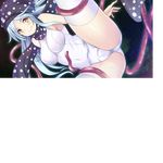  1girl arms_behind_back blush closed_mouth female game_cg long_hair looking_at_viewer navel one-piece_swimsuit orange_eyes scarf solo stimsuit swimsuit ten?tac tentacle tenâ˜†tac thighhighs white_hair white_legwear white_swimsuit white_thighhighs 