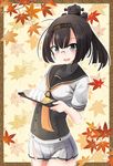  :d akizuki_(kantai_collection) autumn_leaves bangs bespectacled black_eyes blunt_bangs blush brown_hair cowboy_shot food glasses hachimaki headband headgear high_ponytail highres kantai_collection miniskirt neckerchief nekobaka no_gloves onigiri open_mouth pleated_skirt ponytail sailor_collar school_uniform serafuku skirt smile solo white_skirt 