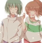  1girl blush brown_hair closed_eyes green_hair haku_(sen_to_chihiro_no_kamikakushi) hiro_(hirohiro31) holding_hands light_particles ogino_chihiro open_mouth ponytail sen_to_chihiro_no_kamikakushi short_hair simple_background smile studio_ghibli white_background 