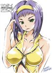  adjusting_hair artist_name breasts cigarette cleavage collarbone copyright_name cowboy_bebop crop_top faye_valentine green_eyes hairband iwasaki_masakazu large_breasts lipstick looking_at_viewer makeup mouth_hold purple_hair short_hair sketch solo upper_body white_background yellow_hairband 