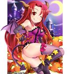  2014 ;q architecture armpits ass bare_shoulders blush boots breasts castle character_request collarbone commentary_request crescent_moon dated demon_tail dress elbow_gloves frills gloves high_heels horns jack-o'-lantern knee_boots large_breasts long_hair looking_at_viewer mirakichi moon official_art one_eye_closed pink_dress priget_plus red_eyes red_hair ribbon smile solo strapless strapless_dress tail thighhighs thighs tongue tongue_out tower 