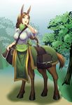  animal_ears bag braid brown_eyes brown_hair centaur day forest full_body hand_on_own_cheek highres horse_ears horse_tail long_hair monster_girl multiple_legs nature open_mouth original outdoors saddlebags sash shadow shoulder_bag single_braid solo tail yui_sora 