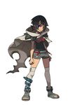  1girl black_hair breasts cape dark_skin female higana_(pokemon) highres large_breasts official_art poke_ball pokeball pokemon pokemon_(game) pokemon_oras red_eyes sandals short_hair shorts smile 