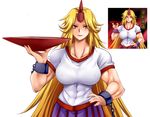  abs blonde_hair breasts cup eyes_visible_through_hair hand_on_hip horn hoshiguma_yuugi impossible_clothes large_breasts long_hair muscle red_eyes sakazuki solo touhou very_long_hair white_background yagami_(mukage) 