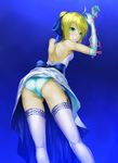  ahoge artoria_pendragon_(all) ass bad_id bad_pixiv_id bare_shoulders blonde_hair blue_panties dress dress_lift elbow_gloves fate/stay_night fate_(series) gloves green_eyes highres panties restrained saber short_hair solo solru thighhighs underwear 