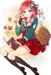  artist_name autumn_leaves bag blush book bookmark bow earrings ginkgo_leaf hair_bow hair_tucking hairband holding holding_book jewelry kneehighs leaf leaf_background long_hair long_sleeves looking_at_viewer love_live! love_live!_school_idol_project maple_leaf neckerchief nishikino_maki open_book parfait_(ryunghu) plaid plaid_skirt purple_eyes red_hair sitting skirt smile solo 
