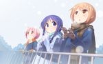  bag blonde_hair blush chihaya_72 coat gloves hinata_yukari ichii_yui long_hair looking_up multiple_girls nonohara_yuzuko open_mouth pink_eyes pink_hair purple_hair railing scarf school_bag short_hair snow yellow_eyes yuyushiki 