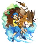  backwards_hat baseball_cap bracelet brown_hair clenched_hands commentary gen_1_pokemon gorou_(pokemon) grin hat highres jewelry looking_at_viewer mega_pokemon official_style open_mouth parted_lips pokemon pokemon_(creature) raticate shorts smile sugimori_ken_(style) tail tomycase transparent_background 